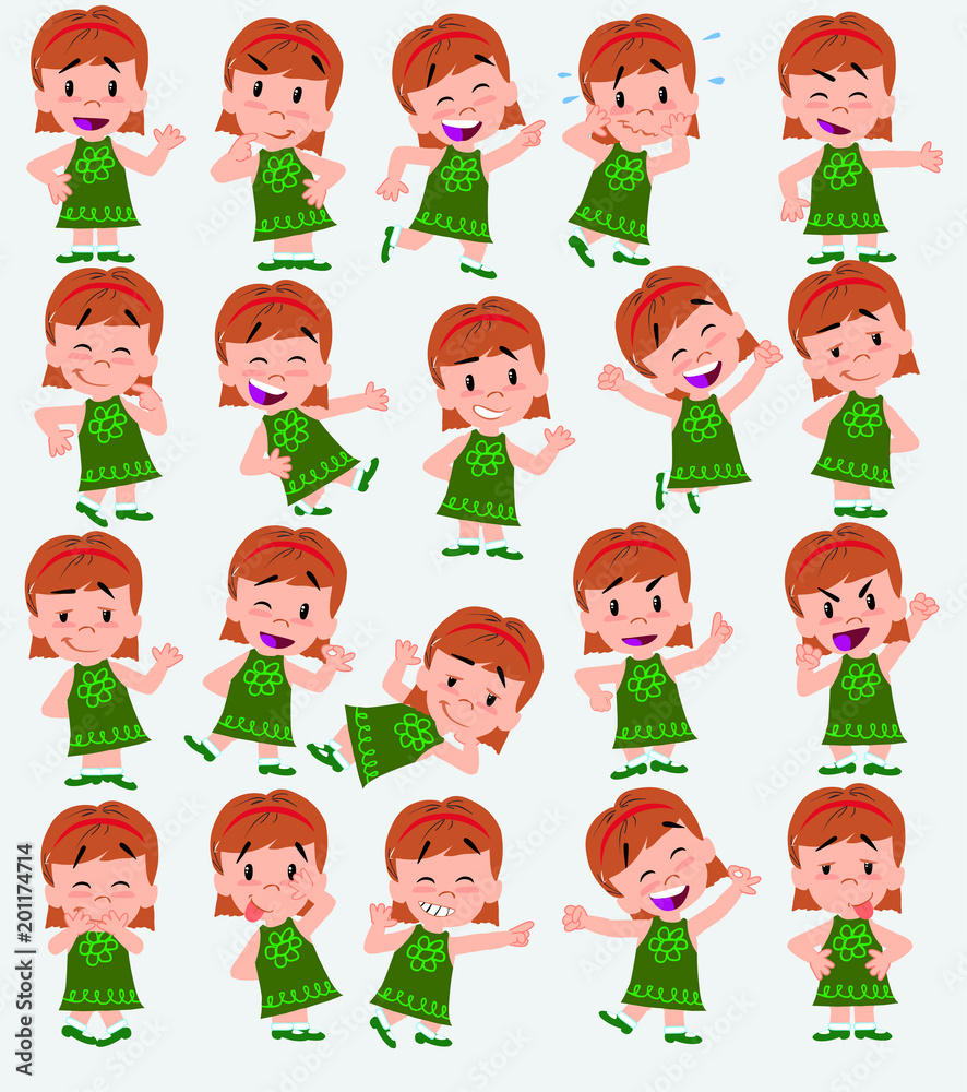 Cartoon character girl. Set with different postures, attitudes and poses, always in positive attitude, doing different activities in vector illustrations. Cartoon character girl. Set with different postures, attitudes and poses, always in positive attitude, doing different activities in vector illustrations.