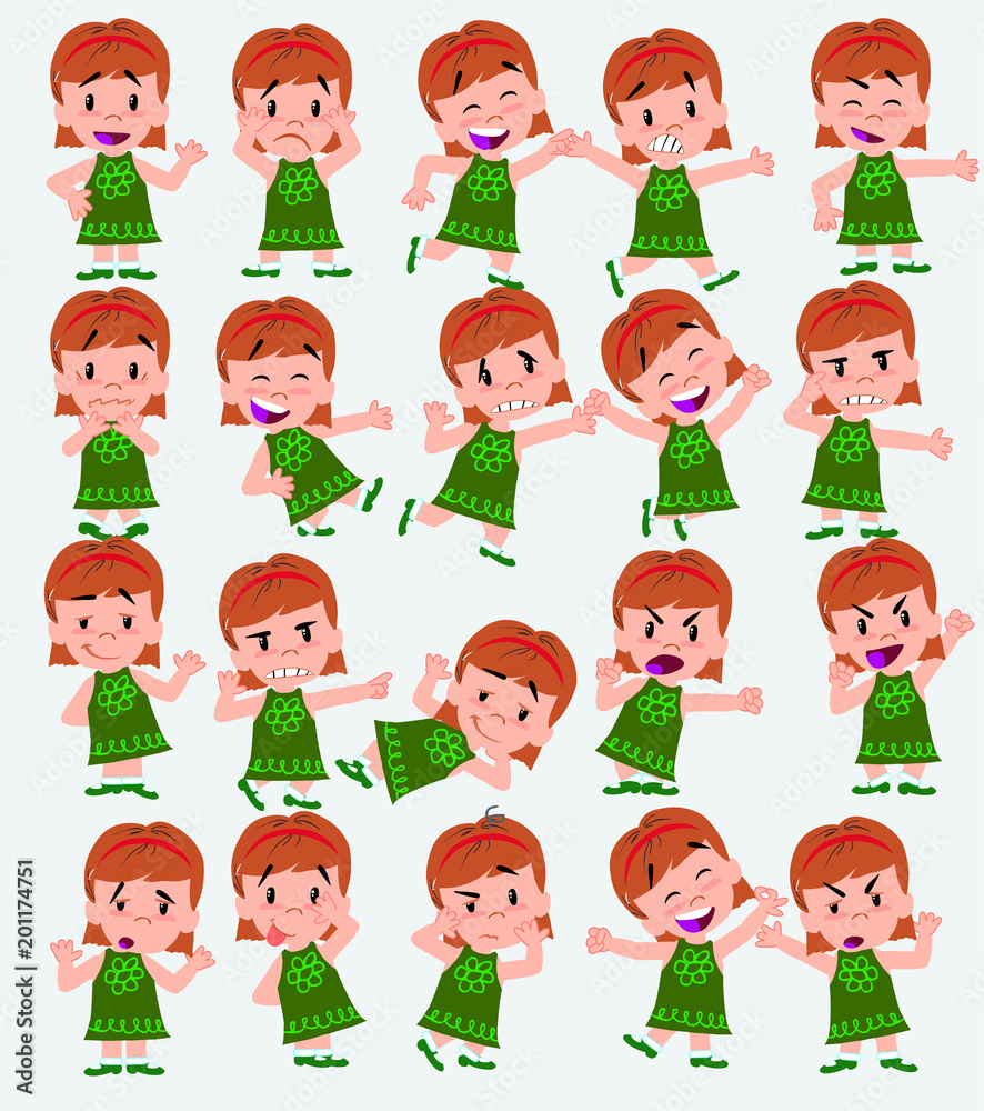 Cartoon character white girl. Set with different postures, attitudes and poses, doing different activities in isolated vector illustrations. Cartoon character white girl. Set with different postures, attitudes and poses, doing different activities in isolated vector illustrations.