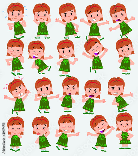 Cartoon character white girl. Set with different postures  attitudes and poses  doing different activities in isolated vector illustrations.