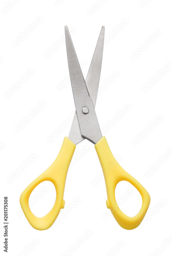 scissors with white background close up with yellow handles scissors with white background close up with yellow handles