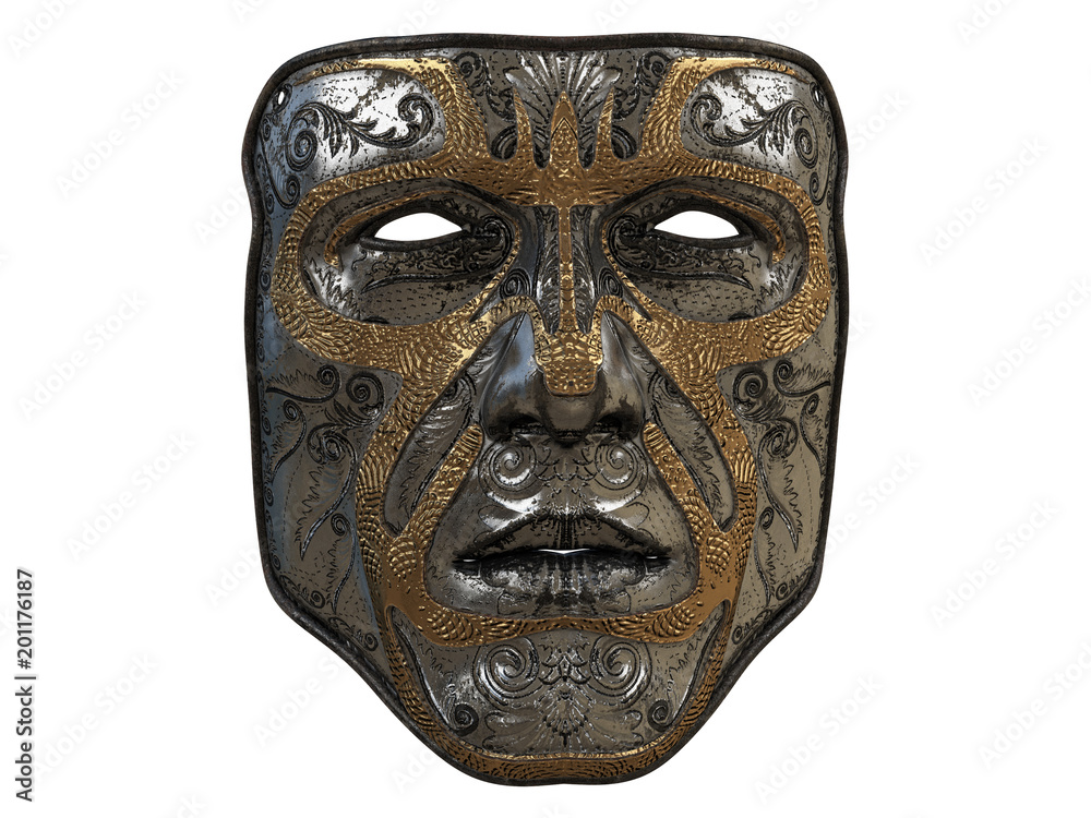 iron mask with ornament and gold bevels on an isolated white background. 3d illustration
