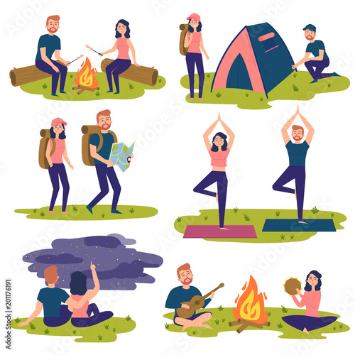 Young couple travel together and doing yoga, hiking, singing sons near bonfire. Man and women with backpacks. Camper people set, tourists traveling, camping and relaxing vector Illustrations