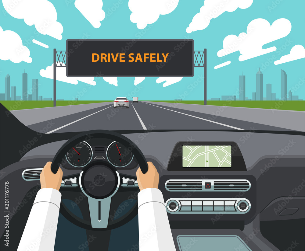 Naklejka premium Koncepcja bezpiecznej jazdy. Ręce kierowcy na kierownicy, desce rozdzielczej, wnętrzu samochodu, autostradzie z ruchem ulicznym i elektronicznym ostrzeżeniu na tablicy ostrzegawczej, aby jechać bezpiecznie. Ilustracji wektorowych