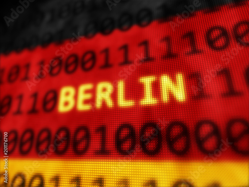 Berlin tag text on Germany digital binary flag background 3d rendered with depth of field and large pixels effect