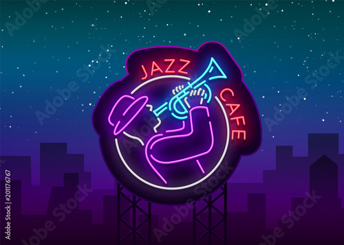 Jazz cafe logo in neon style. Neon sign symbol, emblem, light banner, luminous sign. Bright Neon Night Advertising for Jazz Club, Cafe, Restaurant, Bar, Party. Vector illustration