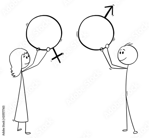 Cartoon stick man drawing conceptual illustration of man and woman holding male and female sex symbols.