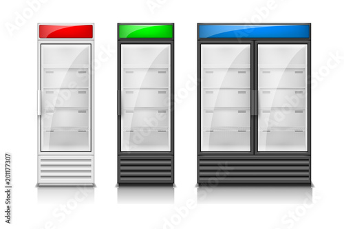 Empty fridge glass sliding doors. Modern Supermarket commercial freezer equipment template. Refrigerator freeze equipment for drinks and food. Vector illustration