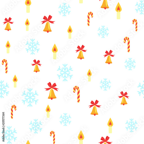 Seamless Pattern with Jingle Bells and Snowflakes