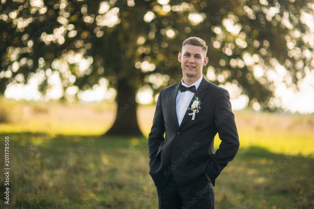 Groom standing in the middle of field in the background of big tree Groom standing in the middle of field in the background of big tree