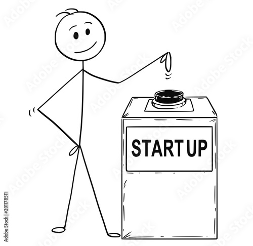 Cartoon stick man drawing conceptual illustration of businessman ready to hit or press the startup or start-up button. Business concept of decision and change.
