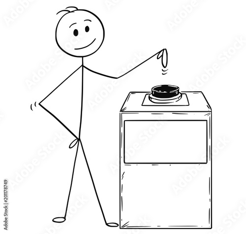 Cartoon stick man drawing conceptual illustration of businessman ready to hit or press big button with empty or blank text sign for your text. Concept of decision and change.