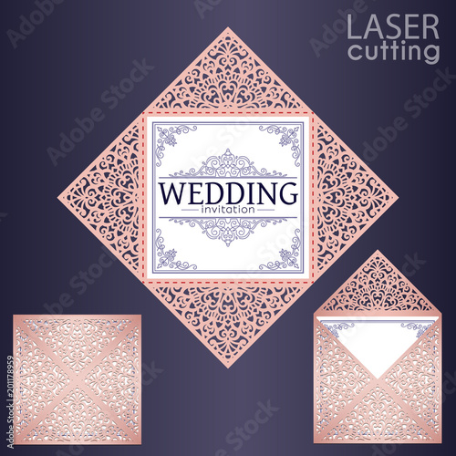 Laser cut square envelope with patterned corners, Template for wedding invitation card. Cutout paper fold card for laser cutting or die cutting. Suitable for greeting cards, invitations, menus.