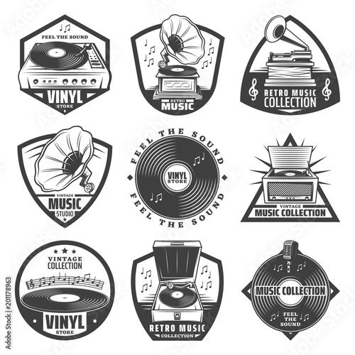 Vintage Monochrome Gramophone Labels Set