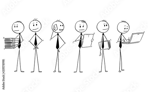 Cartoon stick man drawing conceptual illustration of team or group of six businessman doing typical office work.