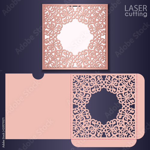 Die laser cut wedding envelope template with lace frame. Wedding patterned invitation mockup. Template for cutting. Die cut pocket envelope template.