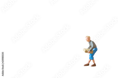 Miniature people : Gardener isolated on white background with clipping path..