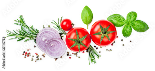 Fototapeta Naklejka Na Ścianę i Meble -  Fresh Red Tomato with Basil leaf, spices and herbs isolated on white background, close up. Food Ingredients top view.