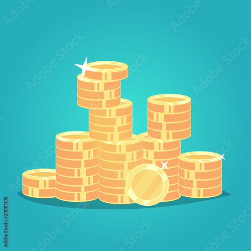 Big stacked pile of cash shiny gold coins bag of money. Vector flat cartoon illustration