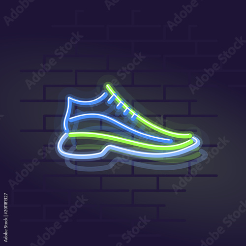 Neon sneakers. Night illuminated wall street sign. Isolated geometric style illustration on brick wall background.