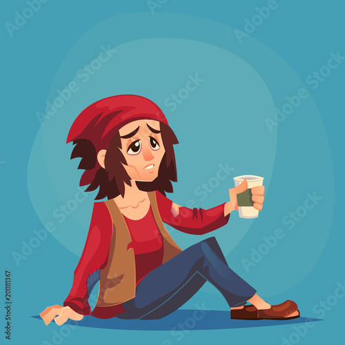 homeless Bum Poor abused woman adult beg money and need help isolated Cartoon Design Vector Illustration social problem poverty misery