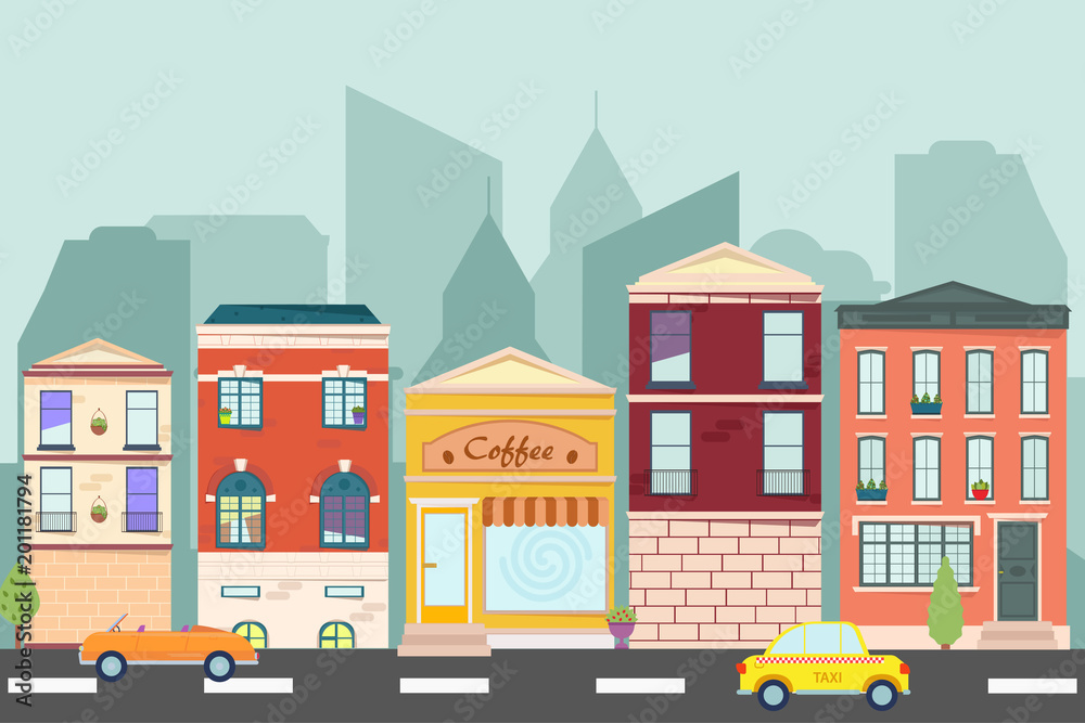 Web banner with city landscape. City landscape. Urban landscape in flat style.Fast food cafe in town. Vector illustration.