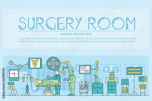 Doctors making surgery vector outline concept. Medics in surgery room providing and operation to the patient in a hospital thin line illustration. Banner with typography slogan text design. 