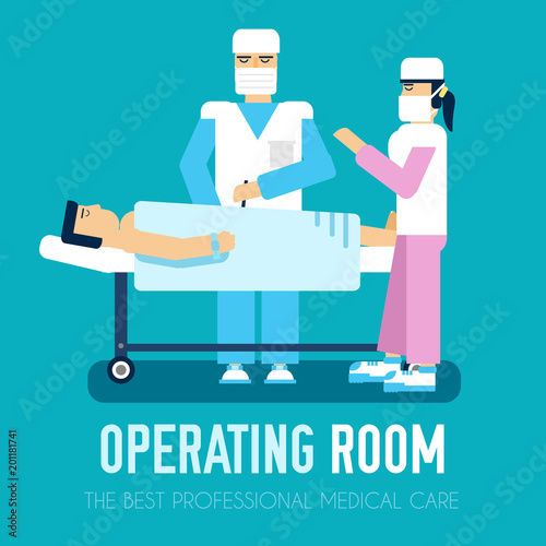 Doctor with nurse operate on a patient. Flat vector background concept. Hospital surgery room illustration design. 