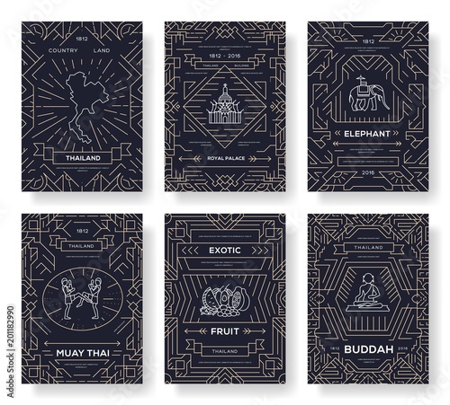thailand thin line brochure cards set. Country template of flyear, magazines, posters, book cover, banners. Vector outline invitation concept background. Layout architecture modern pages