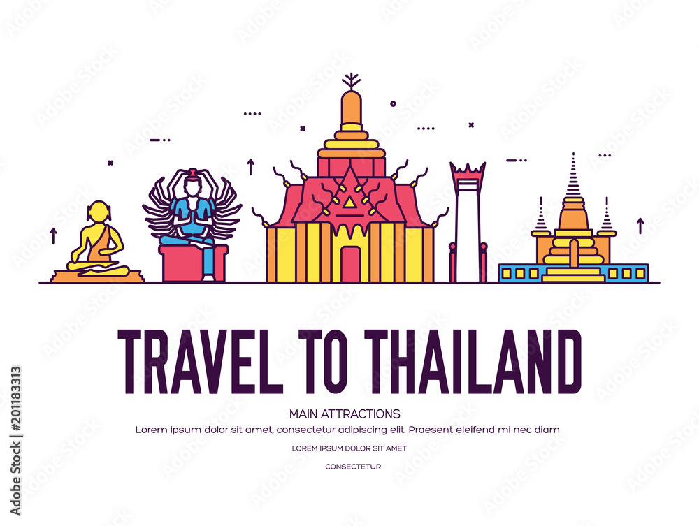 Naklejka premium Country Thailand travel vacation of place and feature. Set of architecture, item, nature background concept. Infographic traditional ethnic flat, outline, thin line icon