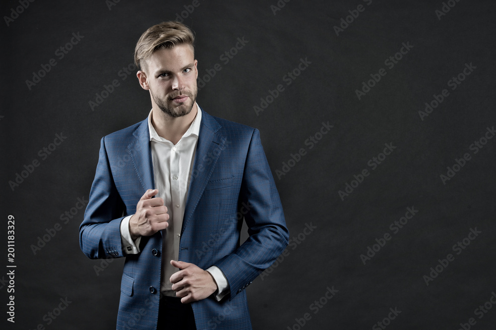 Manager in formal outfit. Man in blue suit jacket and shirt. Businessman  with beard and stylish hair. Fashion, style and dress code. Business,  entrepreneurship and career concept, vintage, copy space Stock Photo |