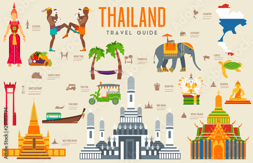 Country thailand travel vacation guide of goods, places and features. Set of architecture, fashion, people, items, nature background concept. Infographic traditional ethnic flat icon template design 