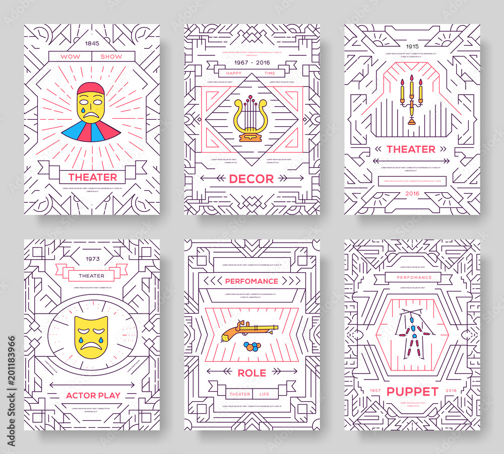 Circus thin line brochure cards set. Festival template of flyear, magazines, posters, book cover, banners. Vector outline invitation concept background. Layout funny elements modern pages