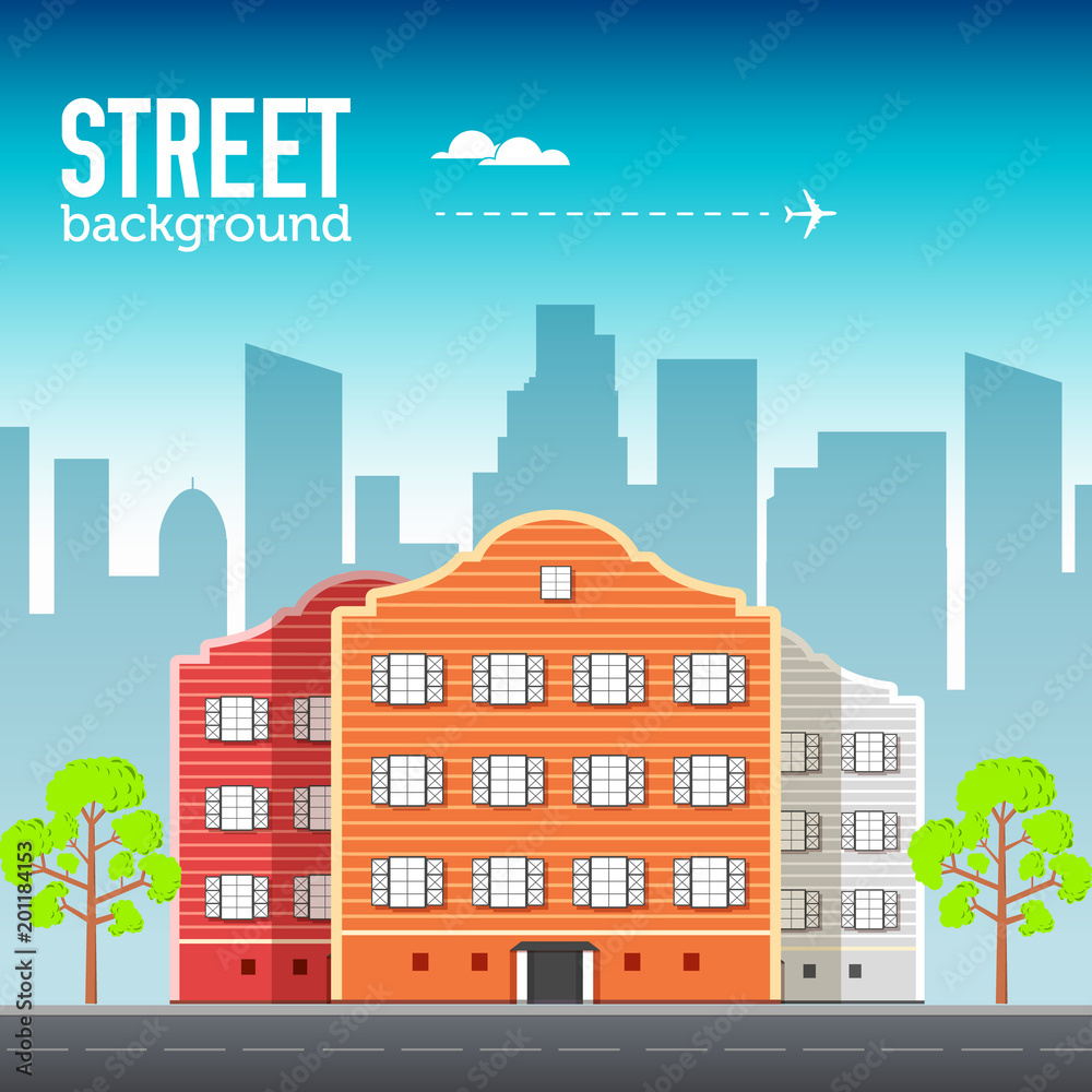 Flat buildings set. Icons background concept design. Colorful vector sity illustration