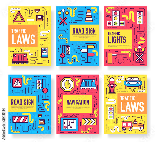 Traffic light day vector brochure cards thin line set. Urban template of flyear, magazines, posters, book cover, banners. Layout road transportation outline illustrations modern pages