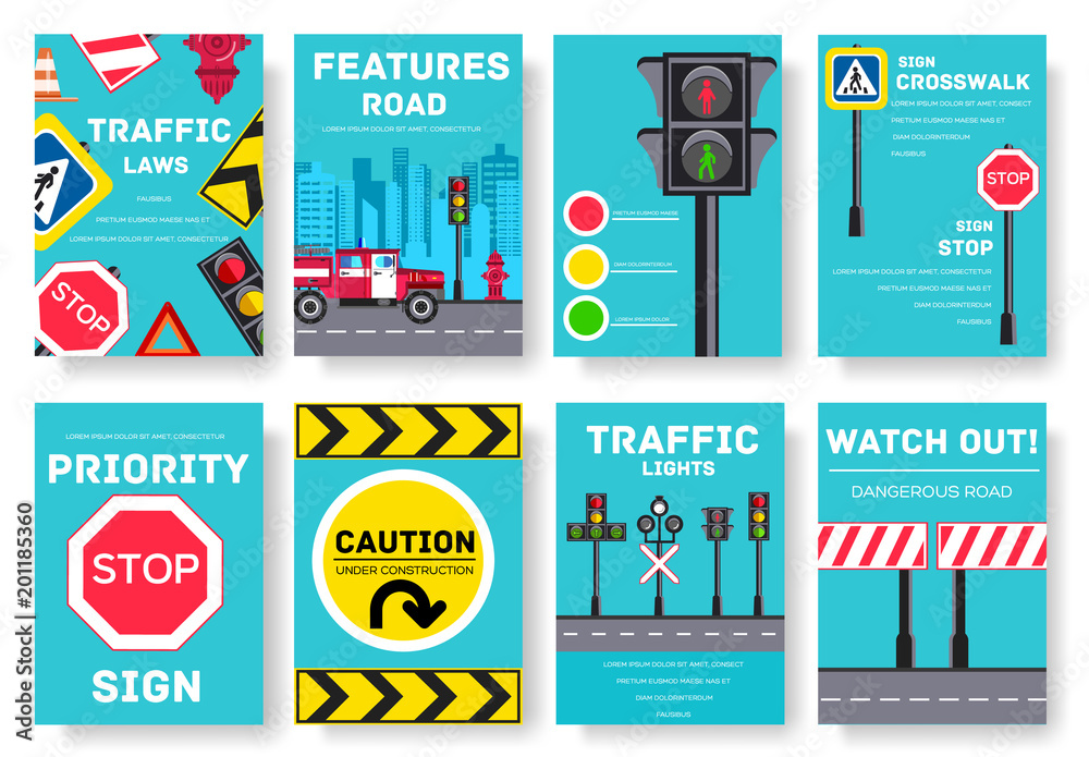Traffic light day vector brochure cards set. Urban sign template of flyear, magazines, poster, book cover, banners. Road transportation invitation concept  background. Layout illustrations modern page