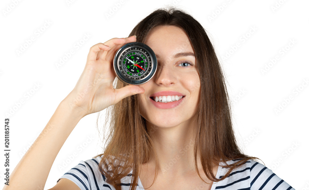 Young woman with a compass isolated on white background Young woman with a compass isolated on white background