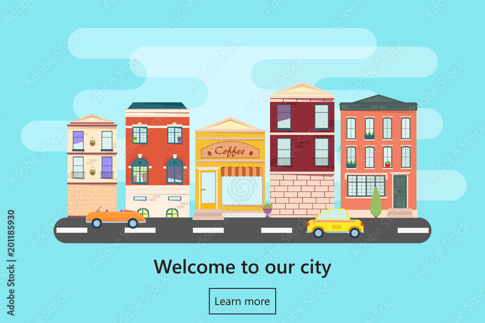 Naklejka premium Web banner with city landscape. City landscape. Urban landscape in flat style. Welcome banner. Fast food cafe in town. Vector illustration.