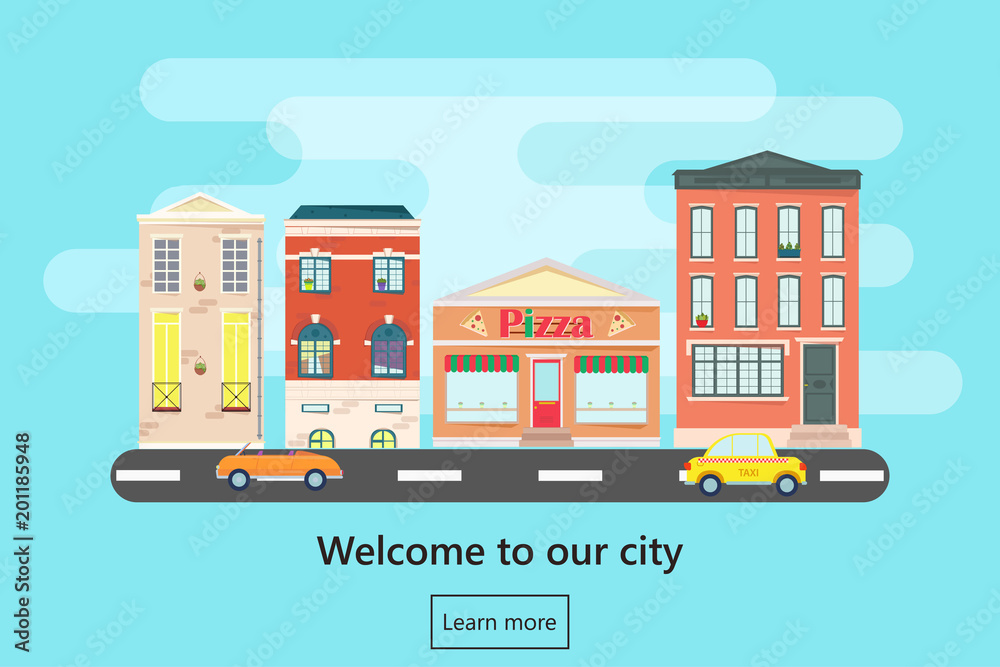 Web banner with city landscape. City landscape. Urban landscape in flat style. Welcome banner. Fast food cafe in town. Vector illustration.