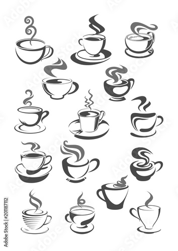 Coffee cups vector icons set for cafeteria or cafe