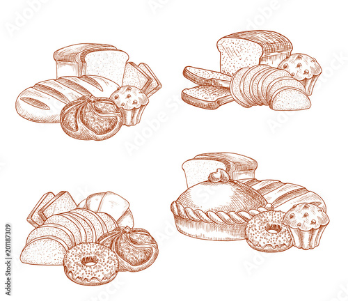 Bread and bakery or pastry vector sketch