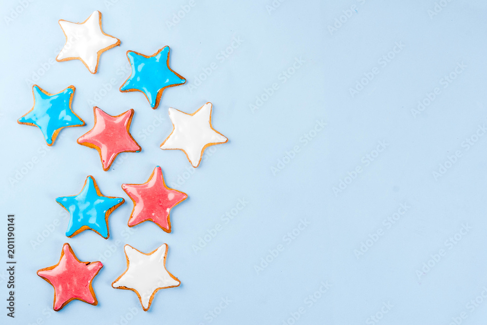 American USA Independence Day background concept, star cookies blue, red, white, July 4,light blue background copy space