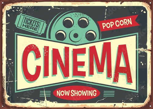 Cinema retro decorative sign layout. Vintage poster design for cinema. Movies and entertainment theme. Vector illustration.