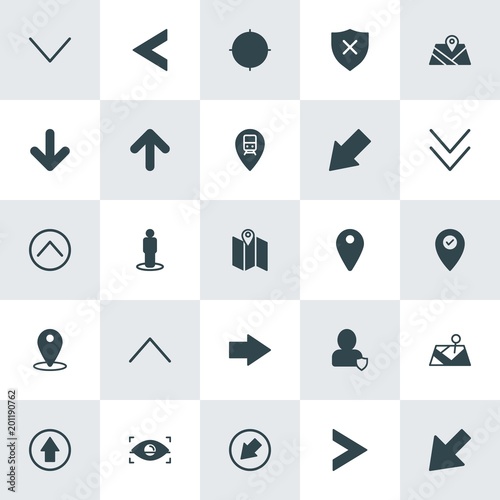Modern Simple Set of location, arrows, security Vector fill Icons. ..Contains such Icons as station,  vector,  symbol,  location,  up,  pin and more on white background. Fully Editable. Pixel Perfect.