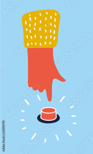 Hand Press Red Button on Blue Background