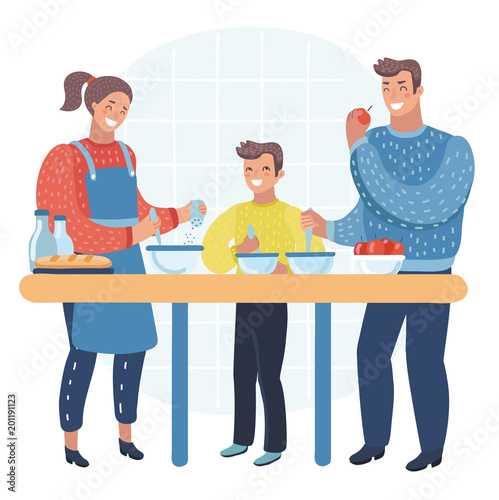 Happy Family Cooking Food In The Kitchen Together, Kitchenware, Crockery, House, Home, Room