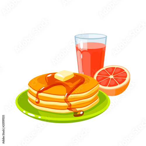 Breakfast, delicious start to the day. Plate with pile of pancakes with butter and maple syrup and glass of fresh grapefruit juice. Vector illustration cartoon flat icon isolated on white.