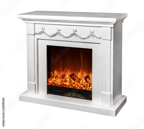 modern decorative electric fireplace with a beautiful burning flame, isolated photo on a white background © alesmunt