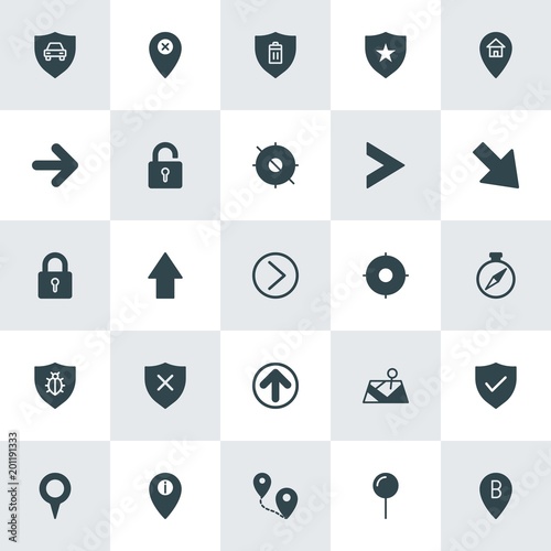 Modern Simple Set of location, arrows, security Vector fill Icons. ..Contains such Icons as  security,  navigation,  route,  favorite,  map and more on white background. Fully Editable. Pixel Perfect.