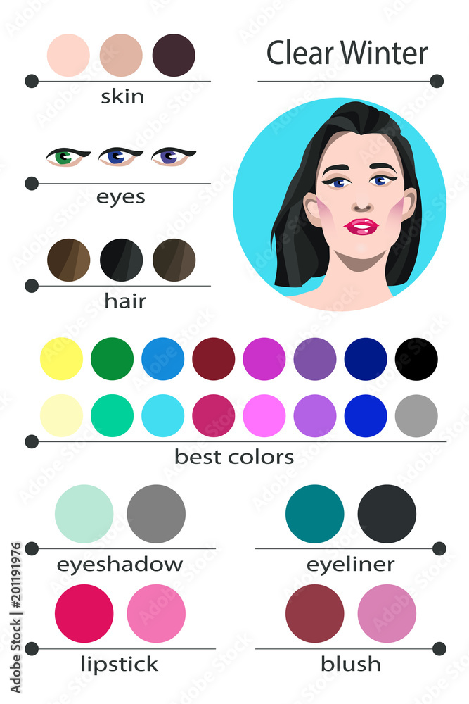 Stock vector seasonal color analysis palette for clear winter. Best makeup colors clear winter type of female appearance. of young woman. Stock Vector | Adobe Stock