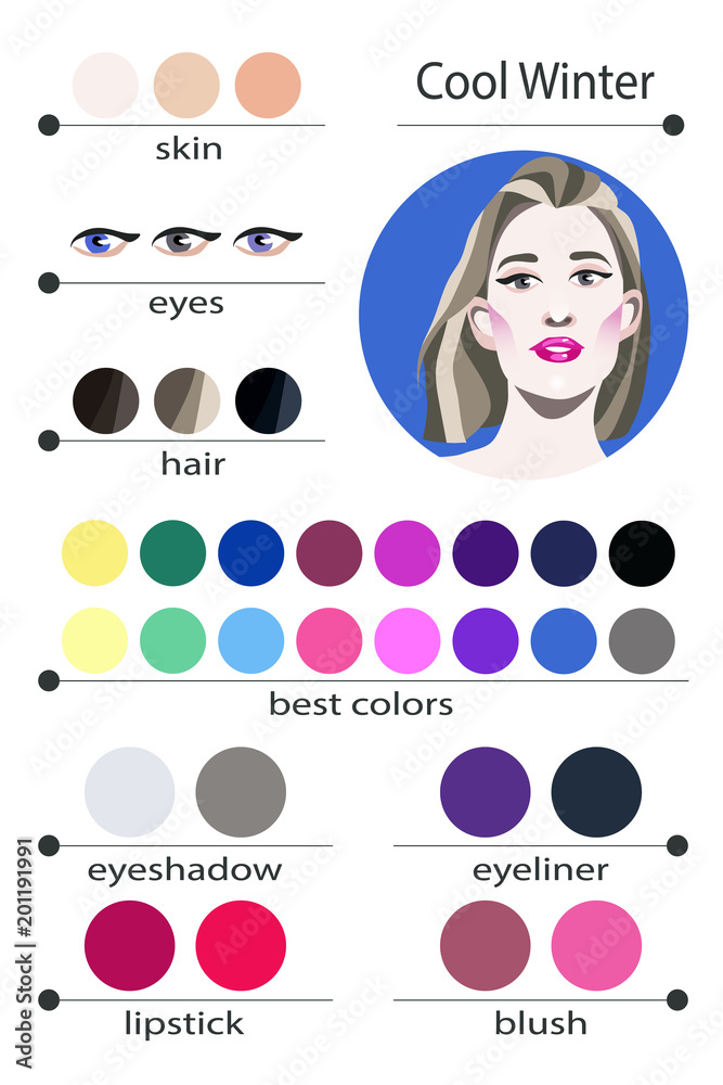Stock vector seasonal color analysis palette for cool winter. Best makeup  colors for cool winter type of female appearance. Face of young woman.  Stock Vector